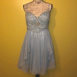 BLUE W/ SILVER & GOLD BEADED EVENING DRESS
